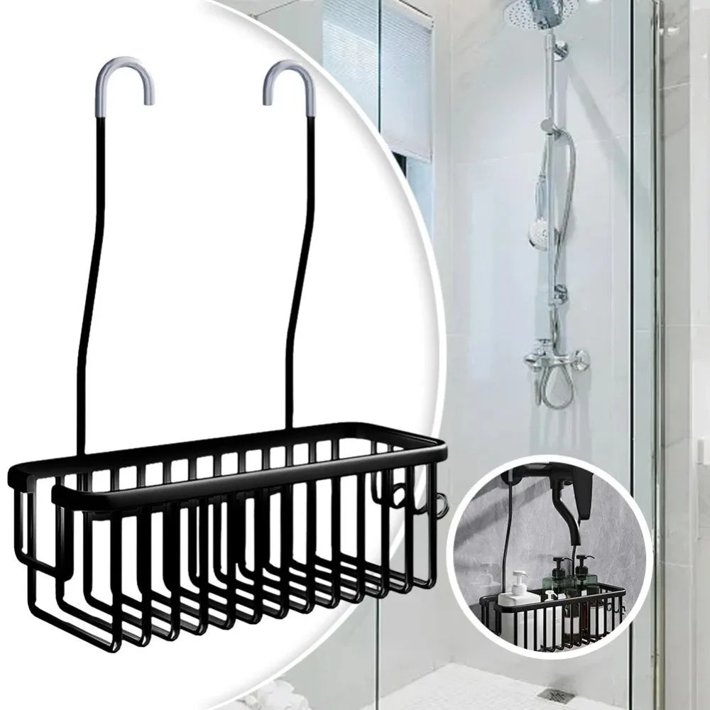 organisateur salle bain suspendu barres métalliques argenté noir moderne minimaliste porte shampoing savon