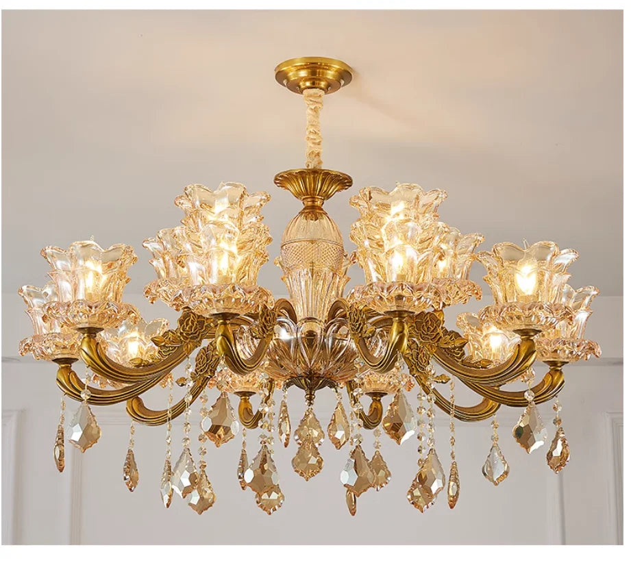 lustre classique doré transparent fleurs cristal ampoules led pendentif salon