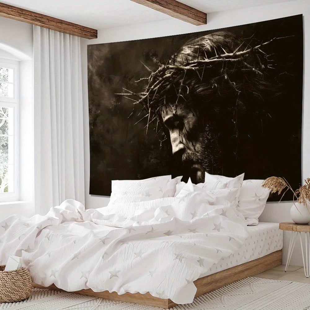 tapisserie art religieux tête couronne épines noir blanche salon chambre entrée