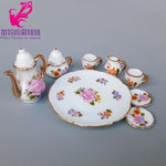 service thé miniature blanc doré rose bleu vert fleurs classique tasse théière soucoupe assiette