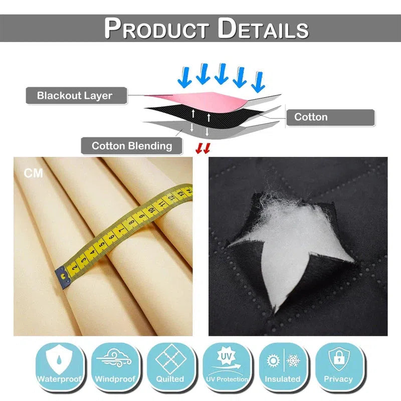 Détails du produit avec des caractéristiques avancées telles qu'une couche blackout pour une meilleure isolation. Le produit est mesuré avec précision, illustré par un ruban à mesurer. Présentation des propriétés imperméables, coupe-vent, matelassées, protection UV, isolation thermique et confidentialité pour un usage optimal à domicile. Parfait pour améliorer le confort et la protection dans différentes conditions climatiques.