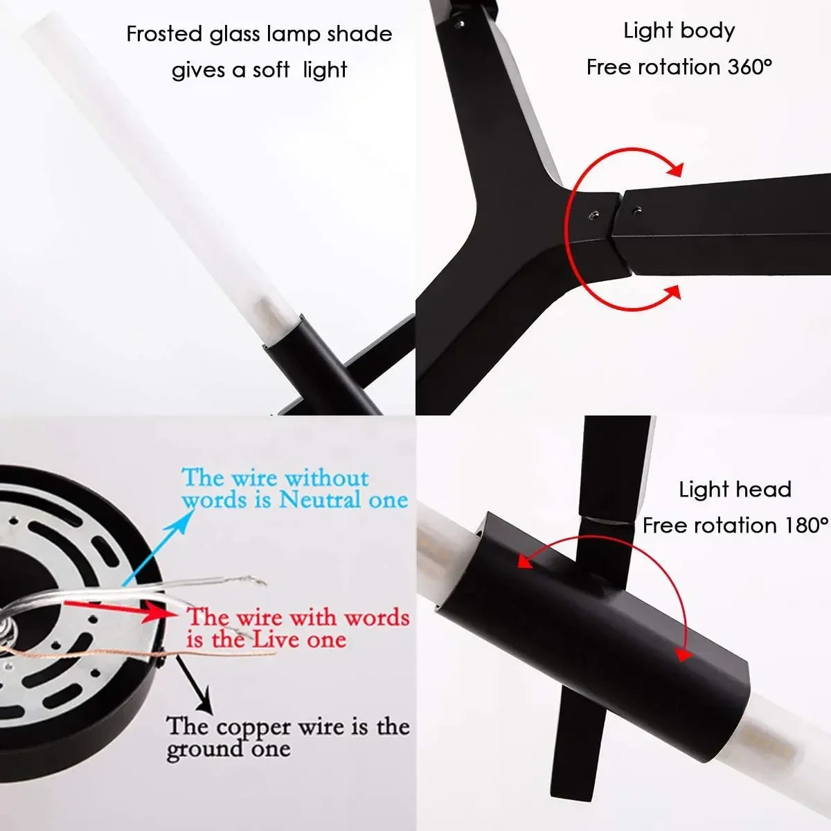 lampe suspendue moderne tube verre noir blanc doré structure géométrique scandinave suspension câble led