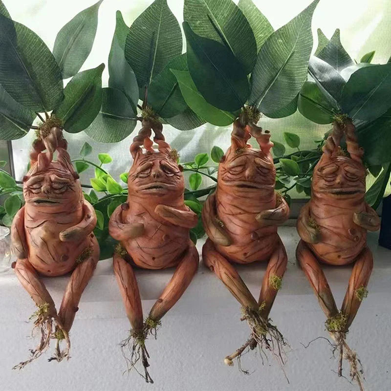 statue résine mandragore décoration jardin extérieur fantaisiste orange rouille vert détails sculptés