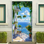 rideau porte paysage méditerranéen vinyle texturé fleurs balustrade rustique 90x180cm decoration murale