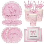 vaisselle jetable rose anniversaire filles assiettes gobelets serviettes nappe motif ruban fête enfant