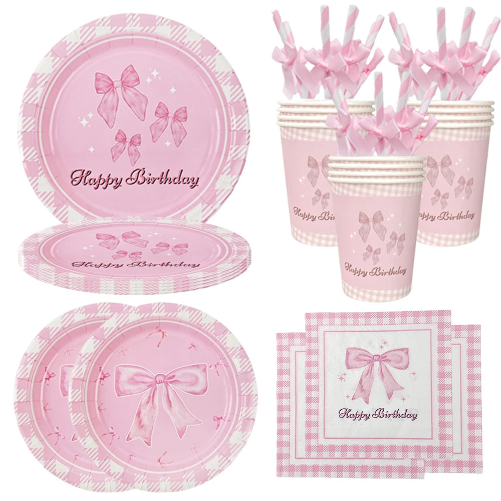 vaisselle jetable rose anniversaire filles assiettes gobelets serviettes nappe motif ruban fête enfant