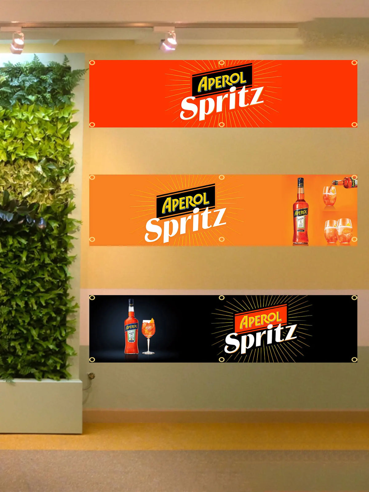 bannière publicitaire aperol spritz imprimée clips orange jaune bleu moderne décorationextérieur 60cm 240cm polyesterSUPERTEX