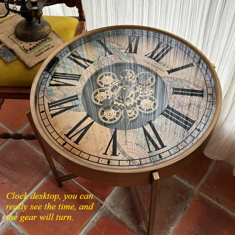 table basse industrielle métal verre transparent ornements horlogers vintage ronde