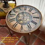 table basse industrielle métal verre transparent ornements horlogers vintage ronde