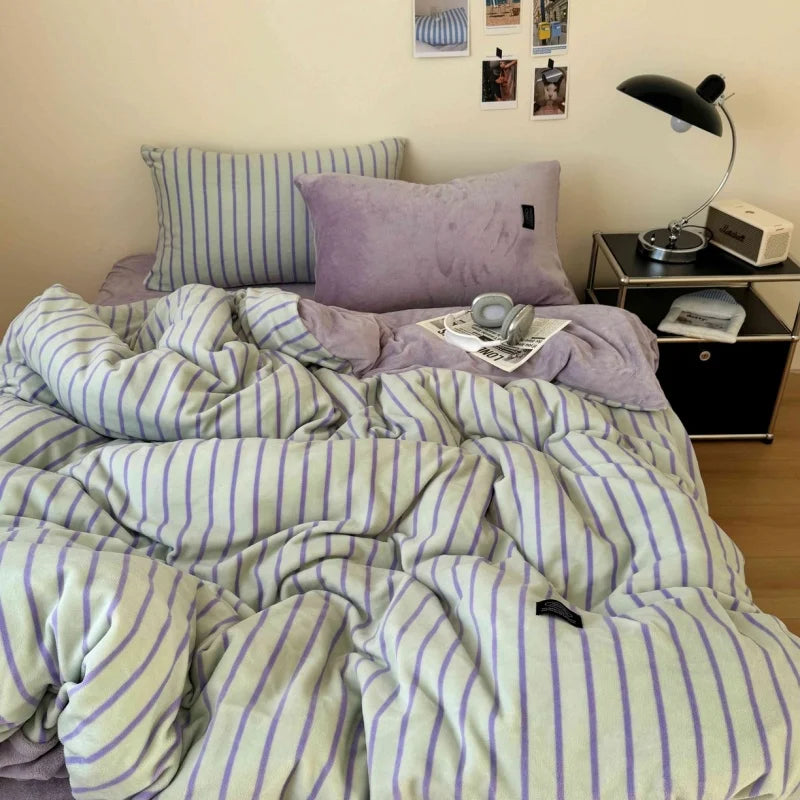 ensemble literie violet noir bleu rayures polaire ultra doux hiver moderne minimaliste