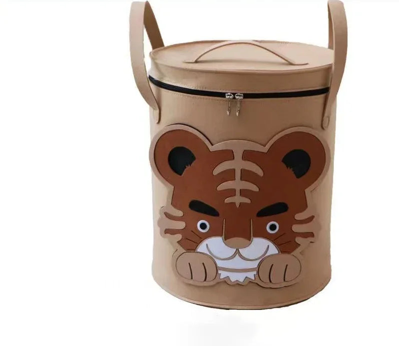 paniers rangement animaux tigre crocodile éléphant jouets gris vert beige couvercle poignées amovibles enfants