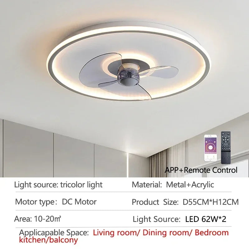 ventilateur lampe led moderne télécommande blanc gris bleu anneaux concentriques