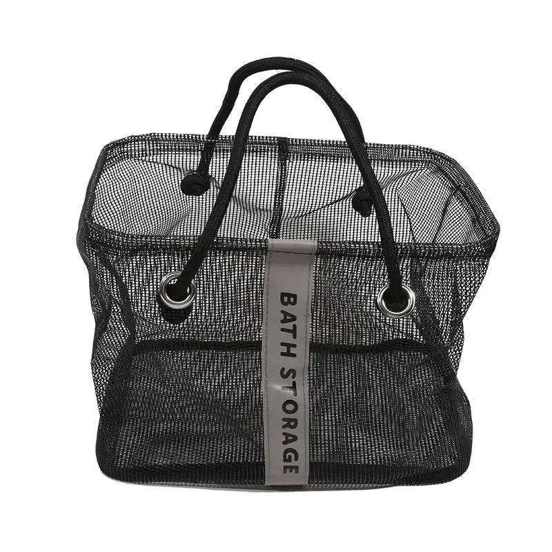 sac rangement noir maille moderne anneaux métalliques poignées étiquette storage