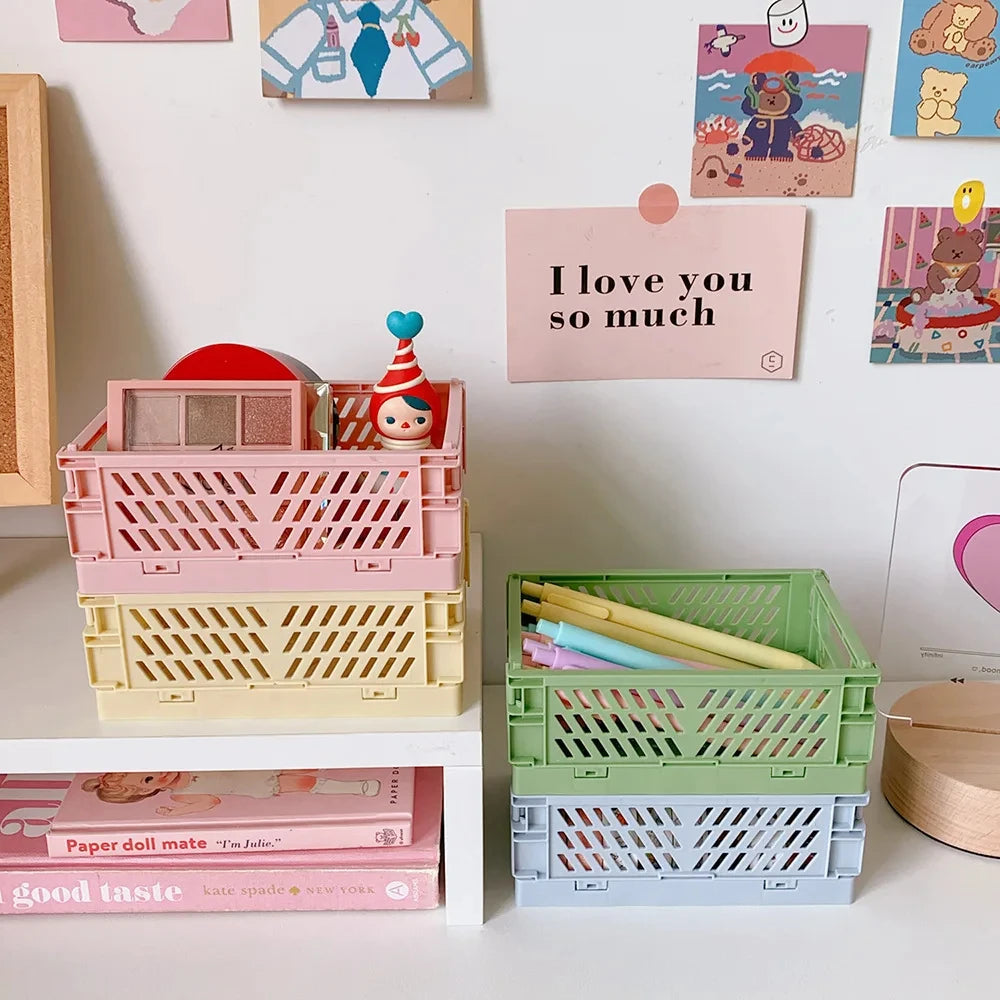 paniers pliables rangement plastique respectueux environnement couleur vert rose moderne pratique opacité