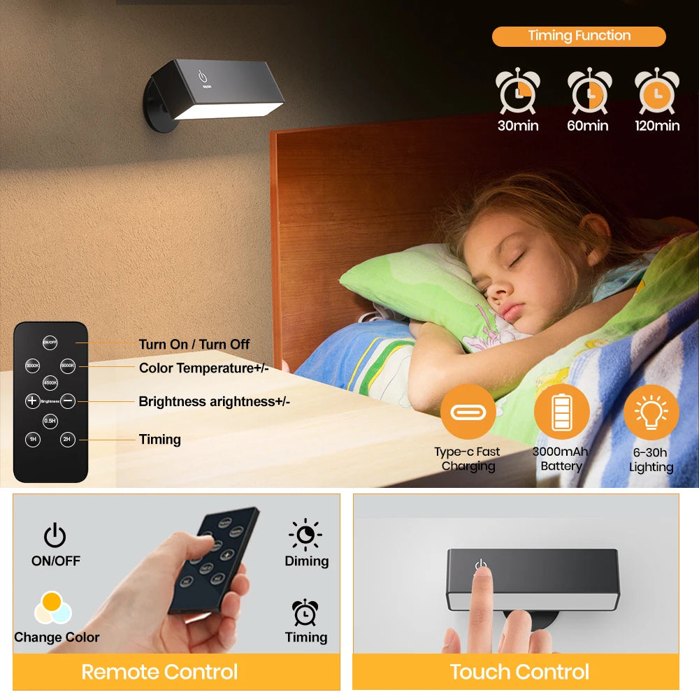 lampe murale led moderne noire rechargeable télécommande interrupteur tactile fixe mur flux lumineux 249