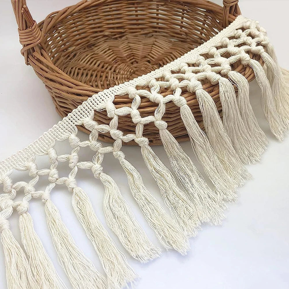 ruban macramé franges blanches motif géométrique bohème largeur 14cm longueur 108pouces artisanal decoration tissagemanuel