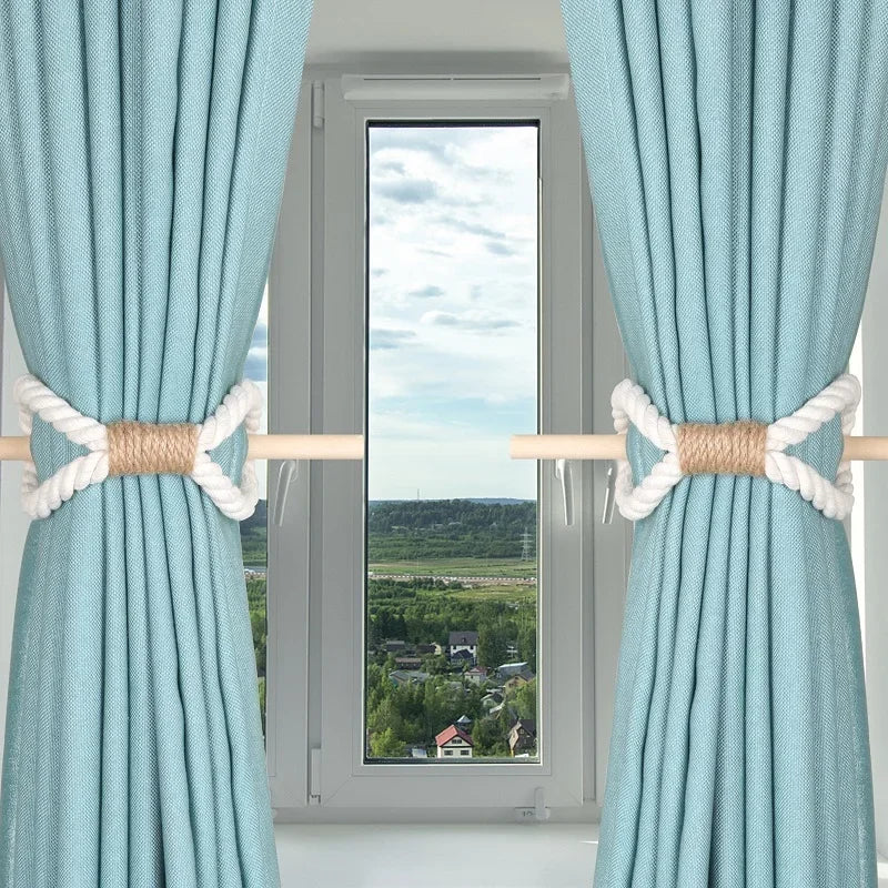 anneaux rideau bois corde torsadée tissu chanvre gris clair beige blanc rustique