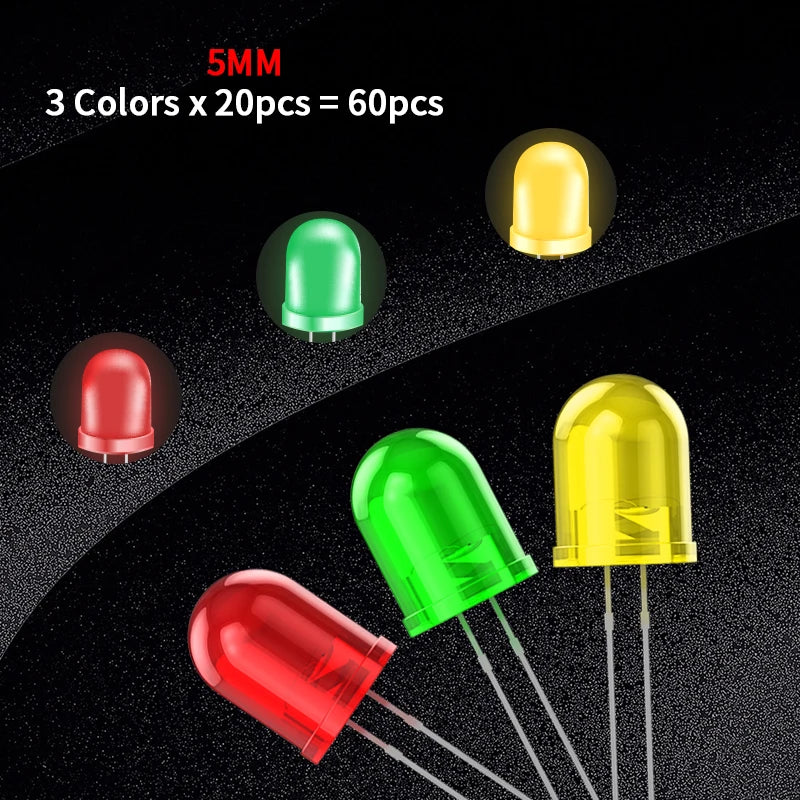 diodes led transparentes vert rouge jaune bleu orange simple utilitaire 20pcs 3couleurs 20pcs 5couleurs