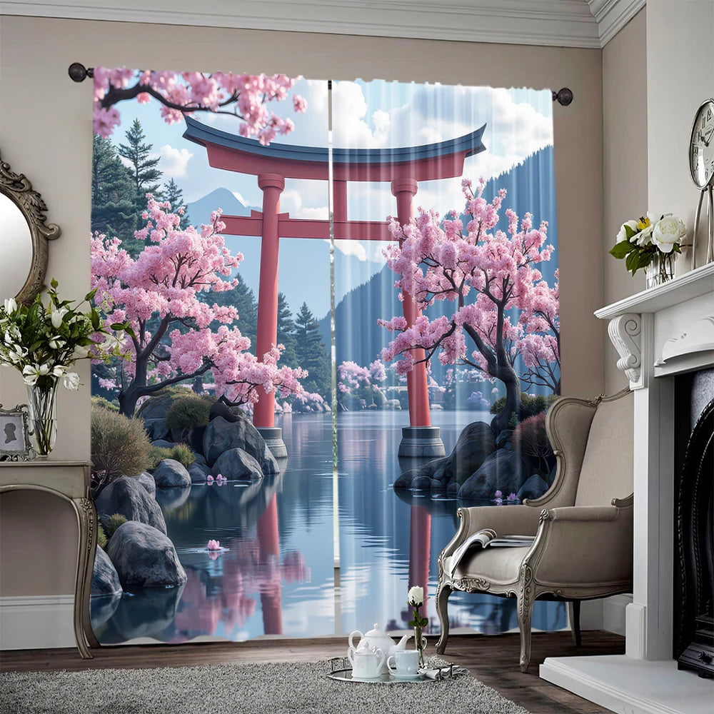 rideau japonais paysager opacité cerisiers fleurs torii montagnes eau rouge blanc bleu rose vert