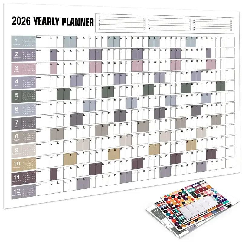 planificateur mural annuel 2026 stickers colorés moderne opacité carrés colorés lignes horizontales verticales