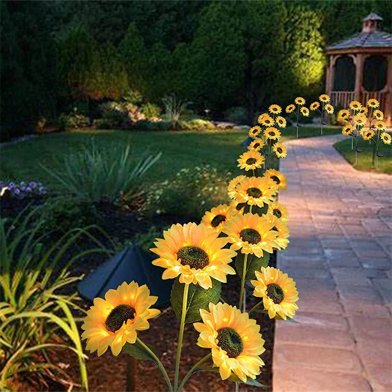fleurs artificielles tournesol lumineuses jaune vert moderne jardin decoration exterieure solaire led piquet