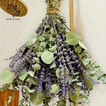 décoration maison bouquet fleurs séchées violettes feuilles vertes naturel rustique anniversaire baby shower