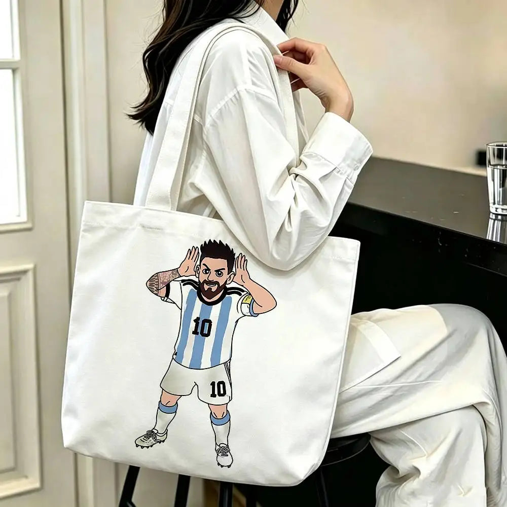 sac main blanc bleu clair rayures messi 10 polyestère réutilisable moderne graphique poignées détachables
