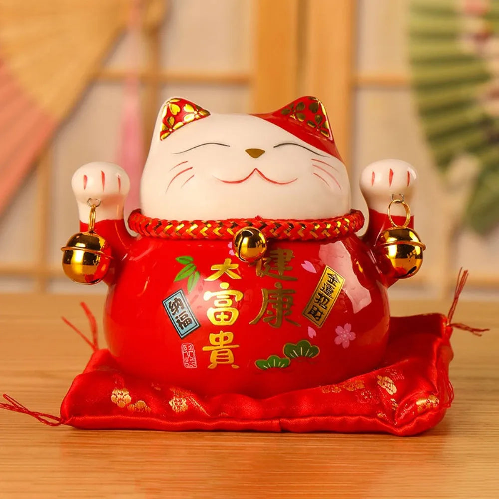 tirelire chat artisanale fleurs symboles traditionnels blanc rouge or rose