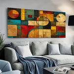 impression toile abstraite moderne géométrique carrés rectangles cercles rouge bleu jaune vert marron beige