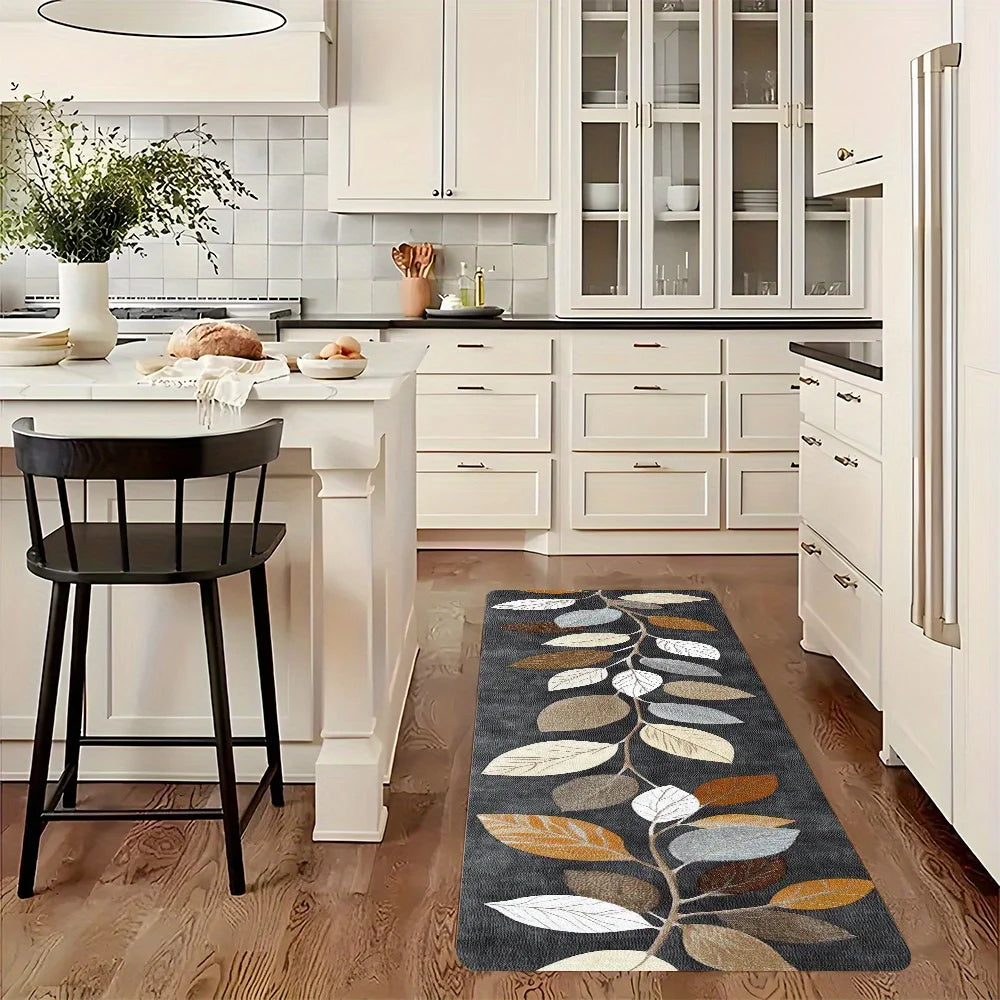 tapis gris foncé feuilles stylisées moderne résistant l'éclaboussure cuisine entrée chambre salon anti dérapant