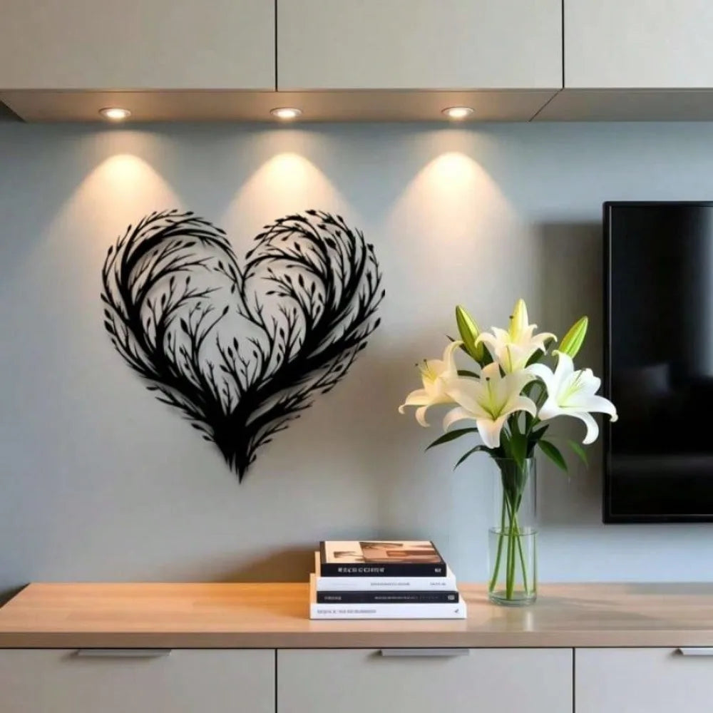 décoration murale cœur floral moderne noir branches feuilles romantique chambre saint valentin