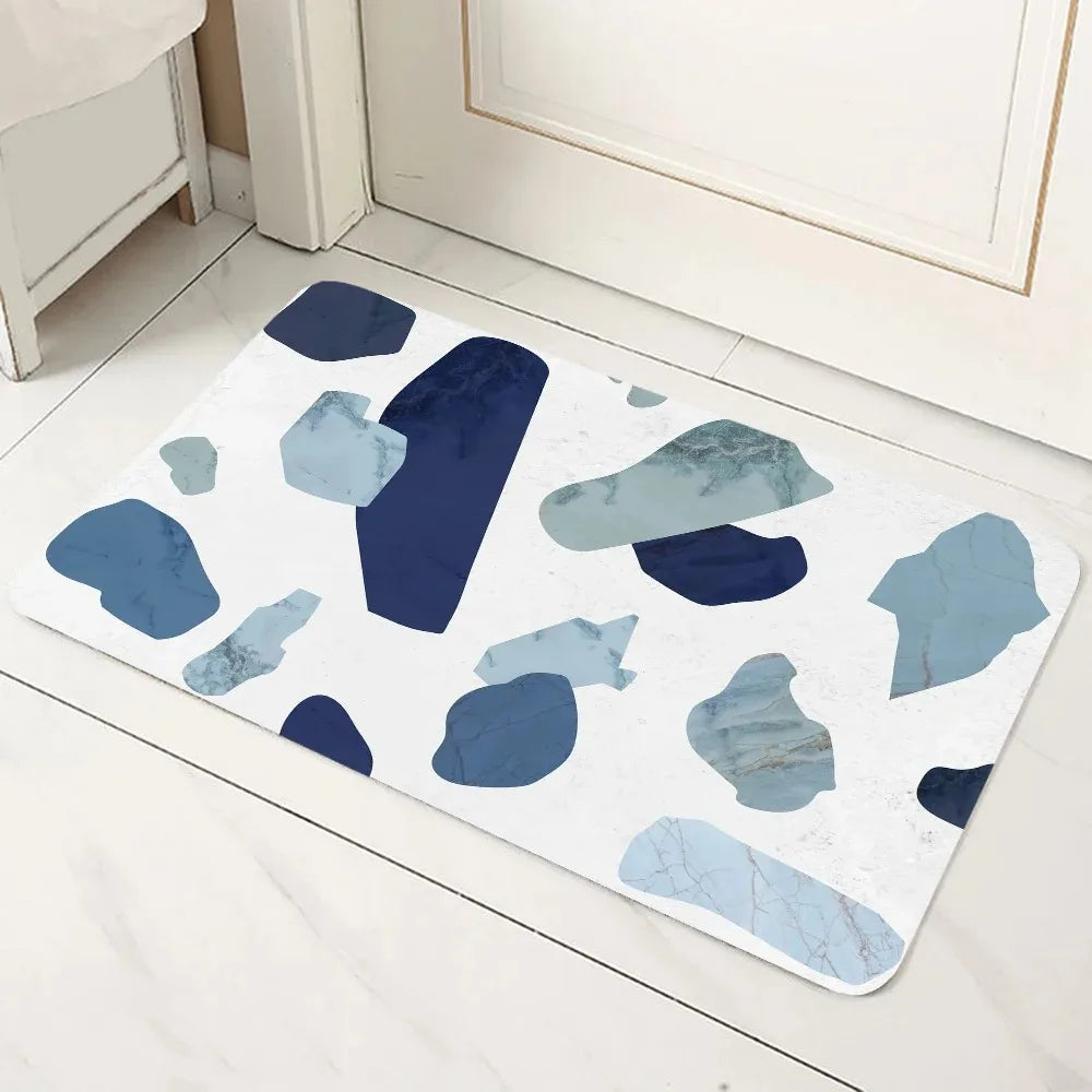 tapis sol géométrique marbré moderne minimaliste antidérapant bleu blanc