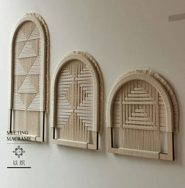 tapisserie murale macramé coton géométrique moderne beige clips franges déco entrée salon