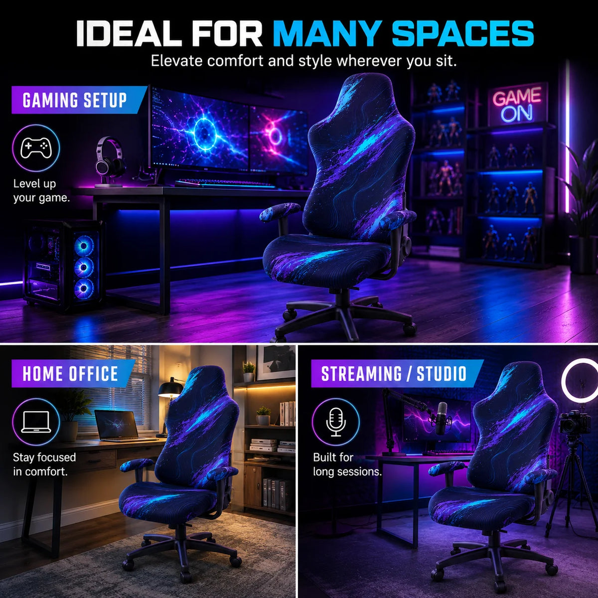 housse chaise jeu moderne bleu noir rayures ondulées imperméable anti rayures extensible esports