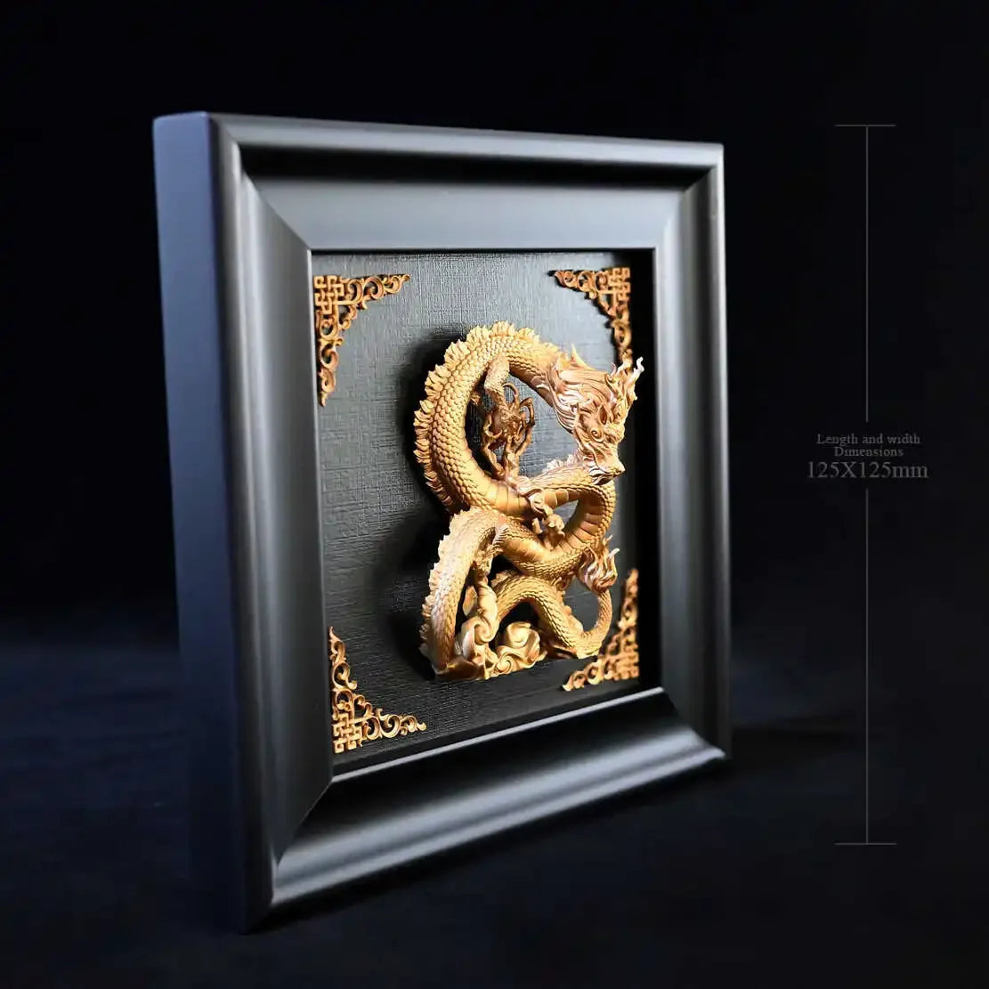 Sculpture dragon or noir relief géométrique artisanal traditionnel 125x125mm