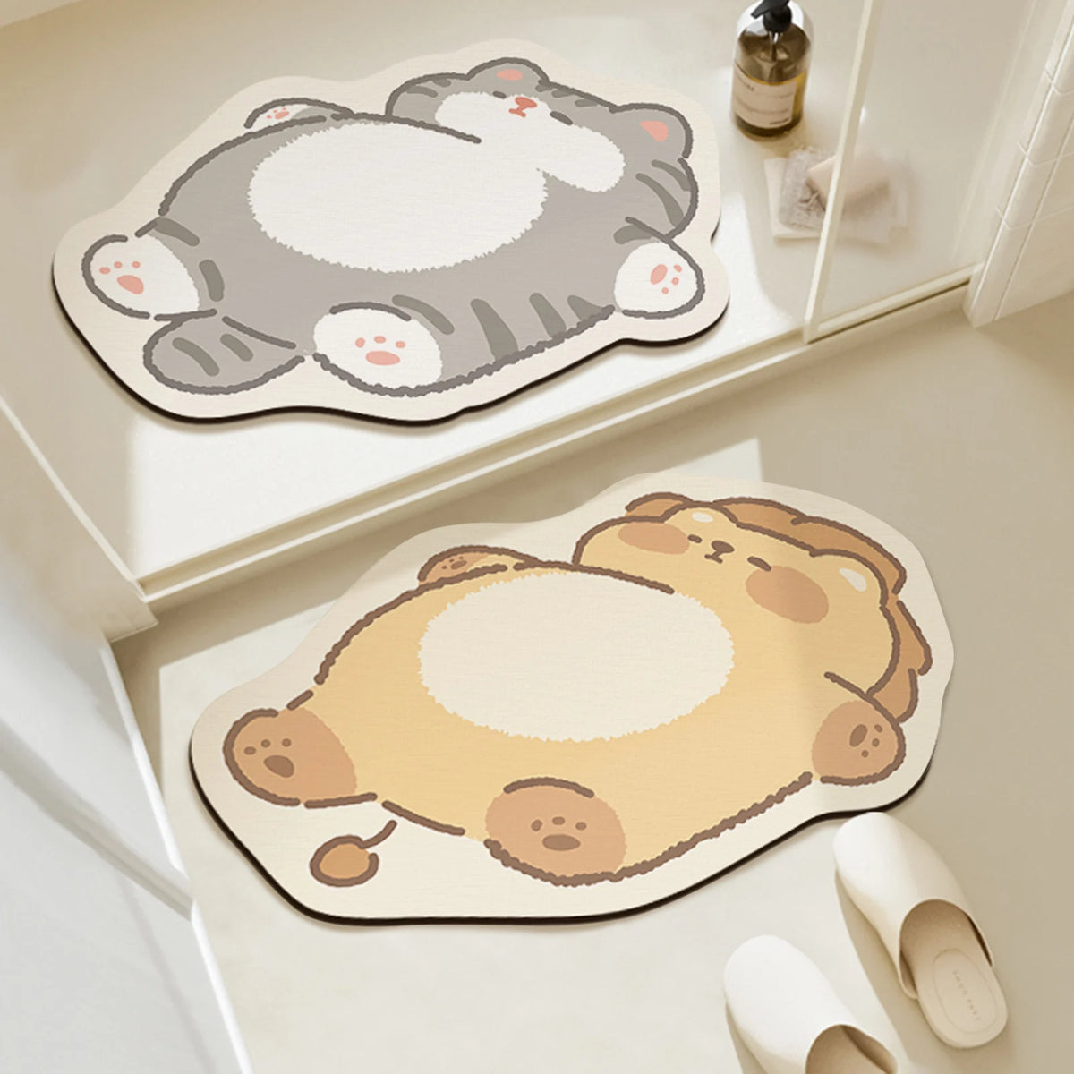 tapis sol salle bain antidérapant caoutchouc motif chat lion gris moderne mignon doux moelleux