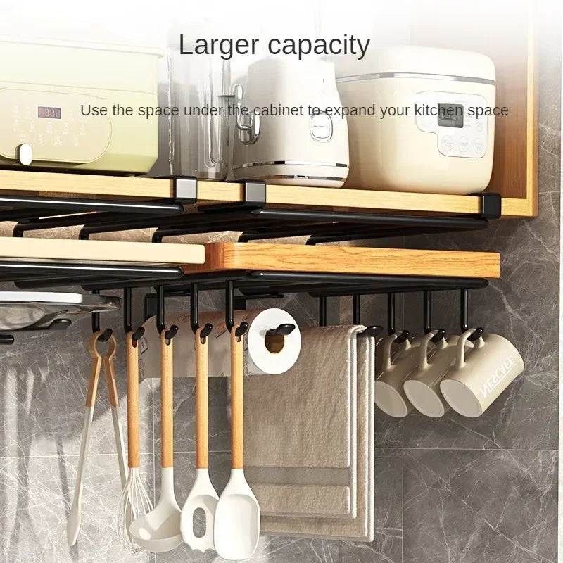 étagère sous meuble acier inoxydable noir texture bois moderne clips magnétiques porte serviette porte