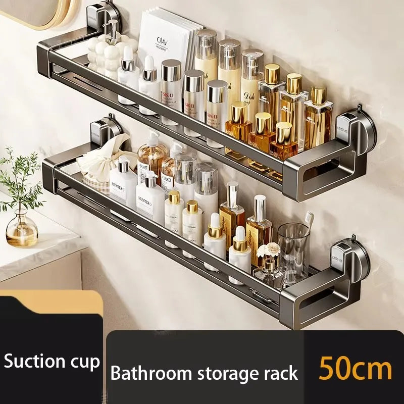 étagère salle bain argentée suction cup moderne minimaliste rangement bouteilles cosmétiques serviettes accessoires