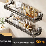 étagère salle bain argentée suction cup moderne minimaliste rangement bouteilles cosmétiques serviettes accessoires