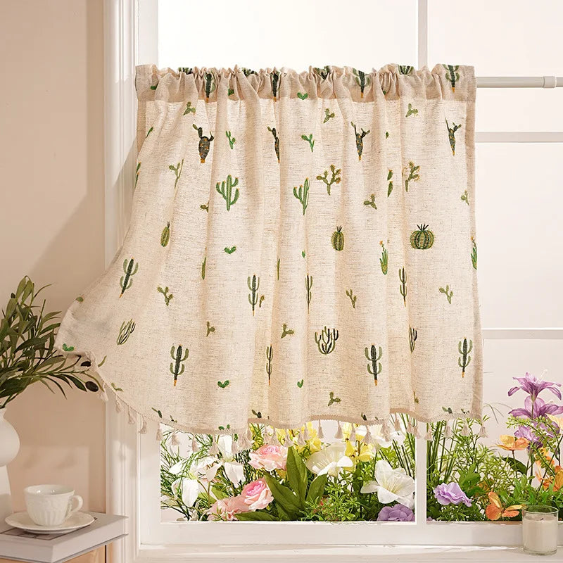 rideau cuisine beige fleurs semi transparent rustique rubans bas 100x60cm 150x60cm 180x60cm
