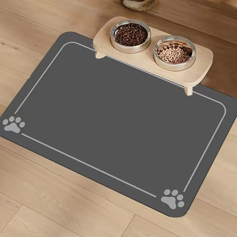 tapis animal compagnie noir gris imprimé pattes clips bols antidérapants absorbants moderne fonctionnel