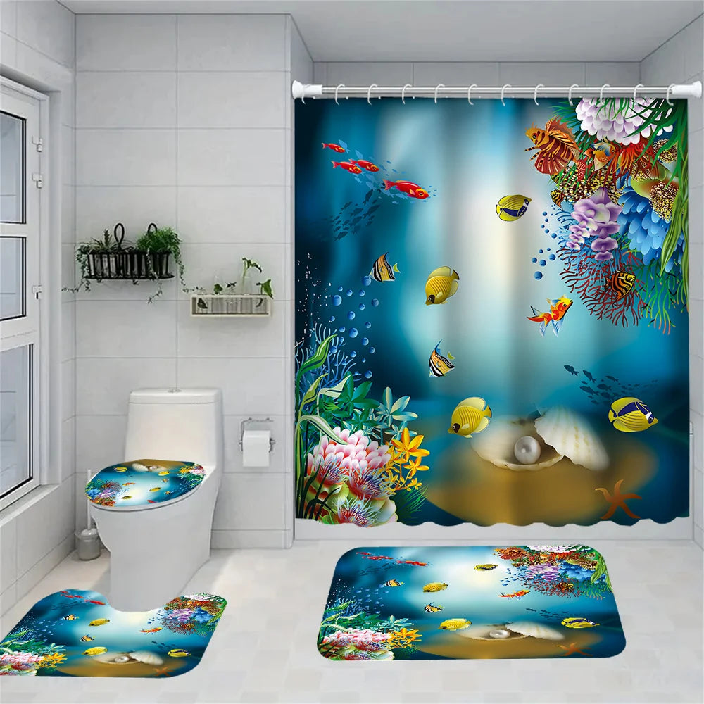 rideau douche motif marine tapis bain couvercle toilette poissons coraux