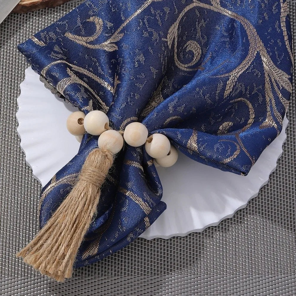 anneau serviette bois franges brocart bleu marine naturel décoratif rustic