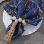 anneau serviette bois franges brocart bleu marine naturel décoratif rustic
