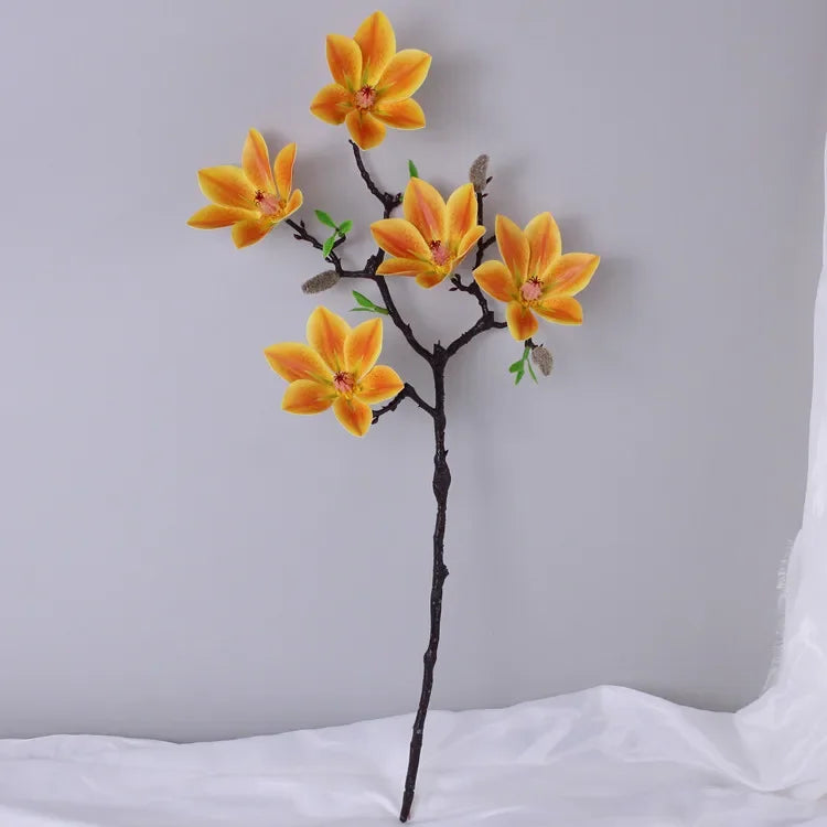Branche artificielle magnolia fleurs simples feuilles vertes blanc rose jaune verte decoration intérieur