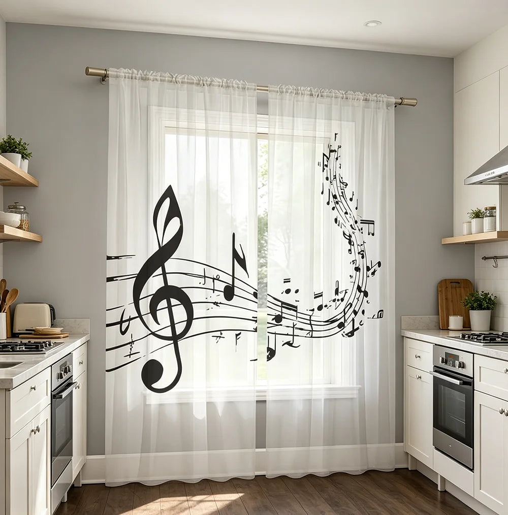 rideaux blanc noir motif musical clé sol moderne deux pièces translucides fenêtre chambreDecorationInterior