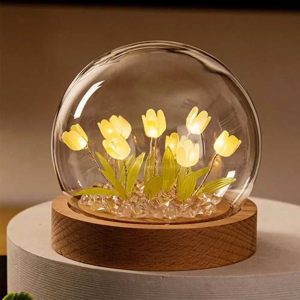 bouquet tulipes artificielles verre transparent tulipes roses blanches vertes feuilles modernes chambre décoration led