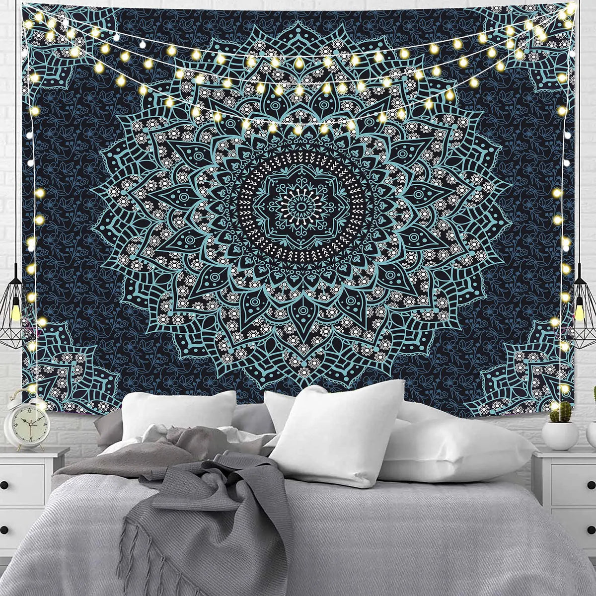 tapisserie murale mandala bohème bleu orange noir éléphant géométrique polyester rectangle