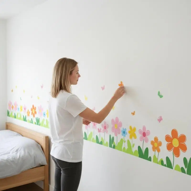 sticker mural fleurs multicolores papillons adhésif décoration enfantine chambre maison