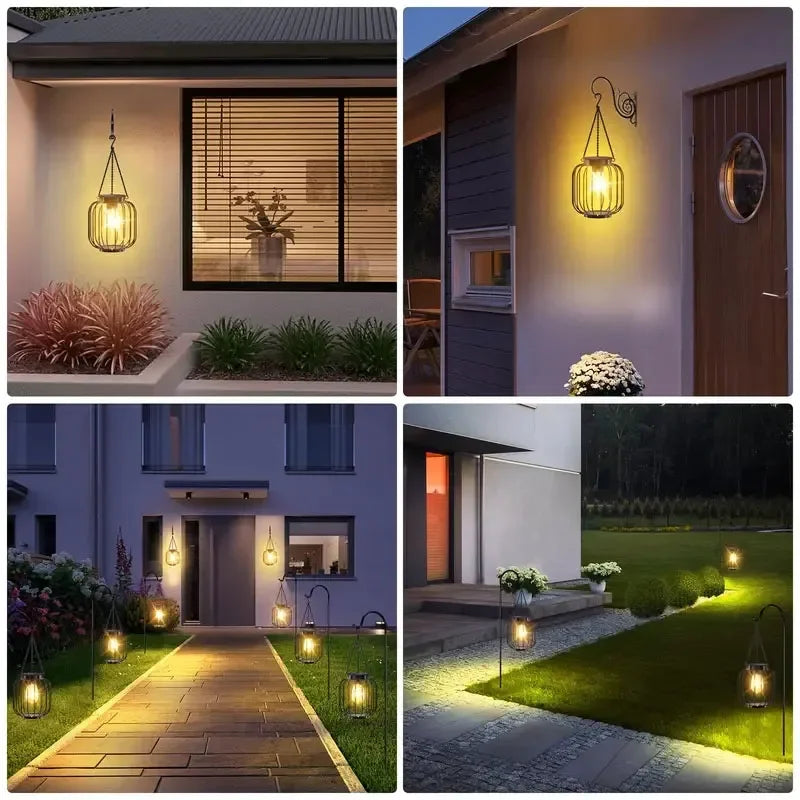 Lanterne solaire suspendue moderne papillons colorés chaîne métallique filet transparent patio jardinextérieur